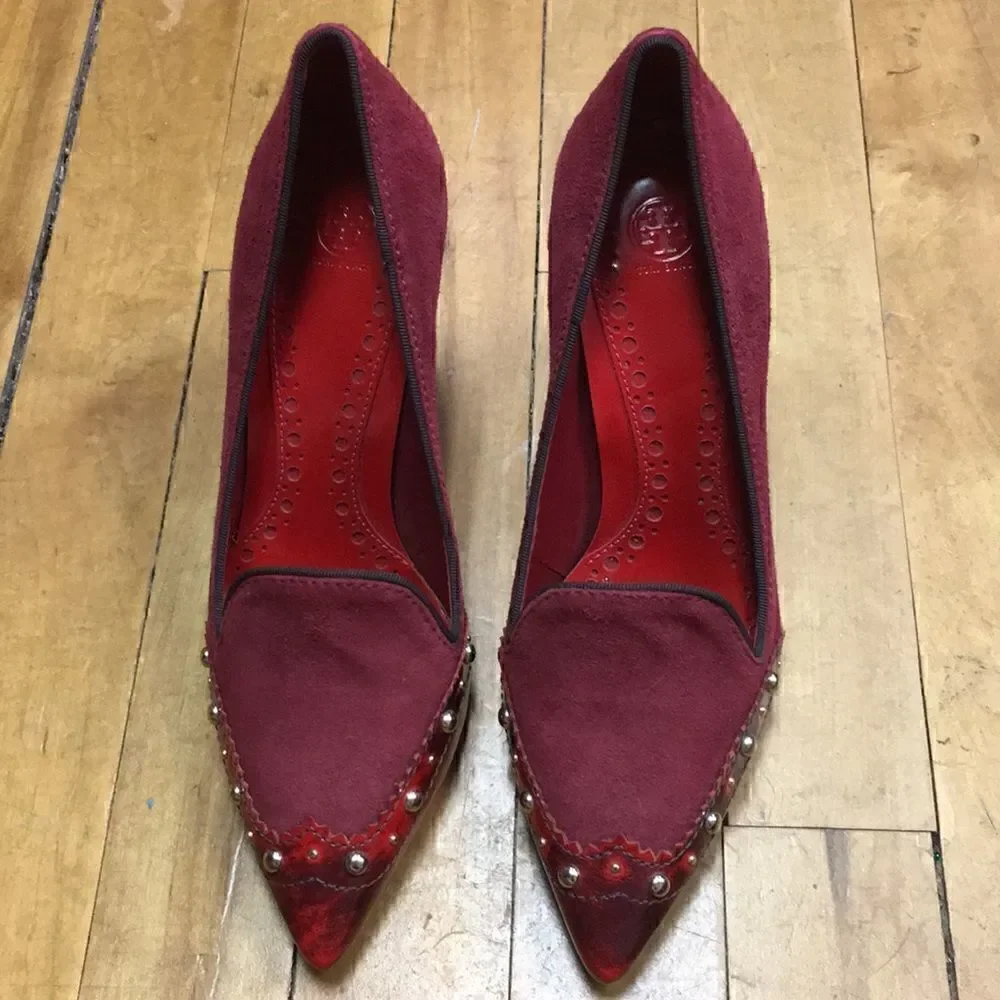 5 Wine Red Suede & Patent studded Pumps Tory Burch - Picture 1 of 8